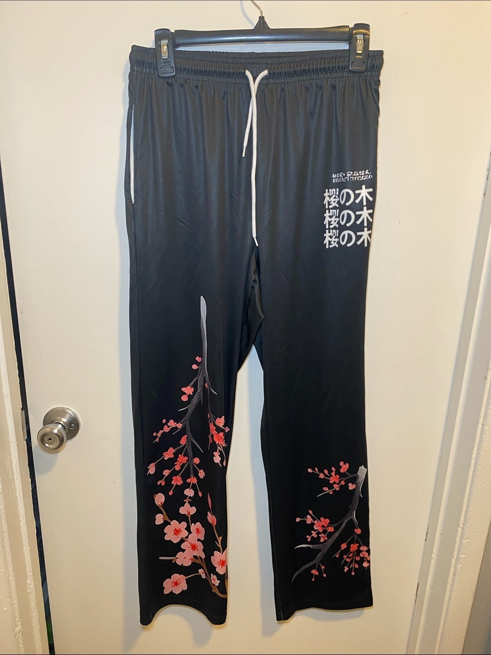 Black Pajamas with Pink Cherry Blossom Print